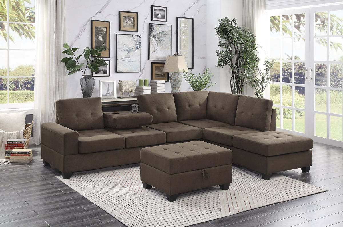 Maston Chocolate 2-Piece Reversible Sectional with Drop-Down Cup Holders and Storage Ottoman from Homelegance - Luna Furniture