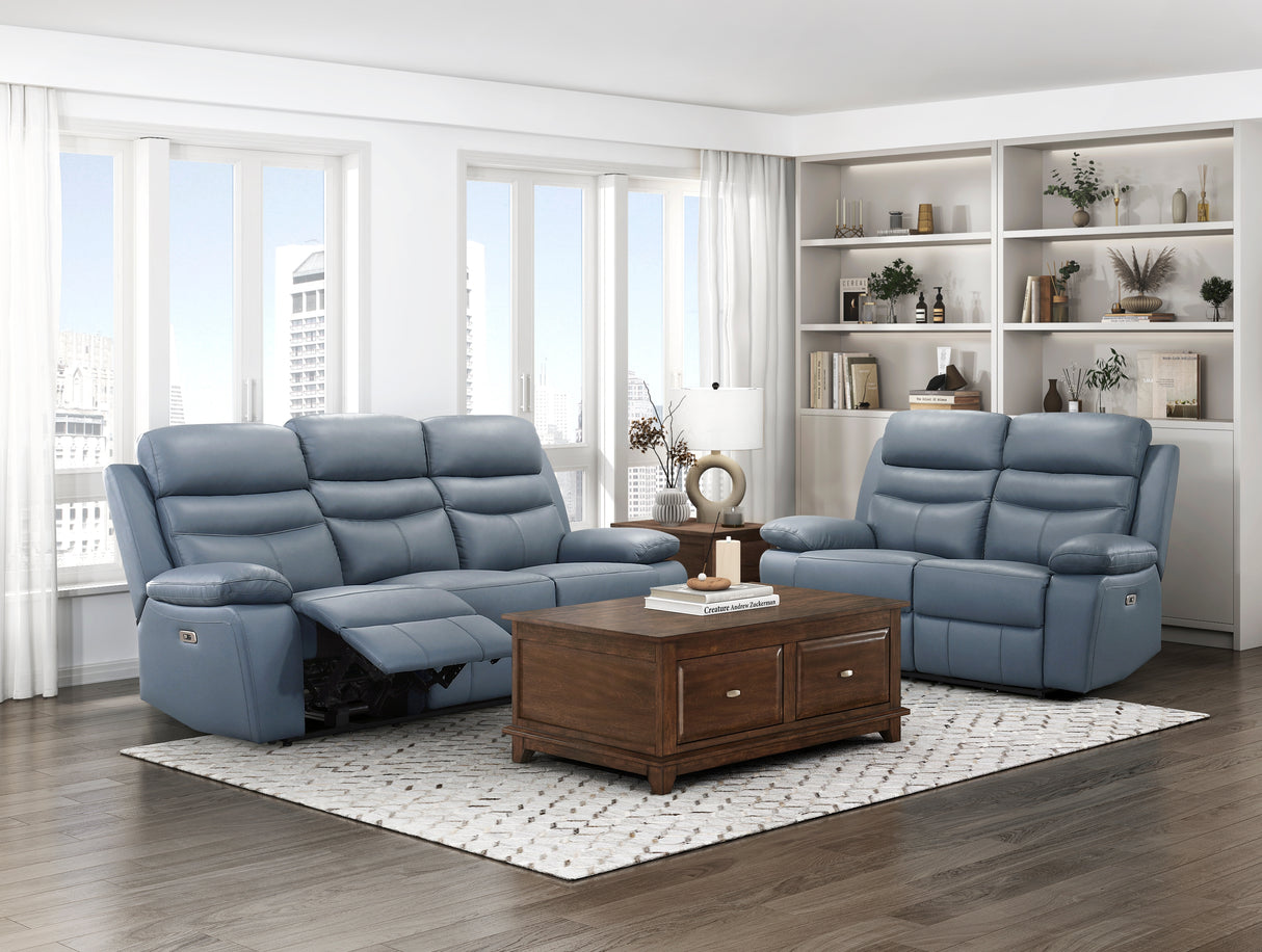 Hancock Blue Leather Power Double Reclining Sofa from Homelegance - Luna Furniture