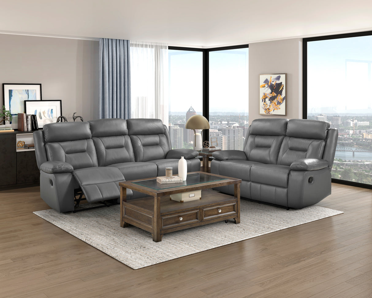 Laconia Dark Gray Leather Double Reclining Loveseat from Homelegance - Luna Furniture