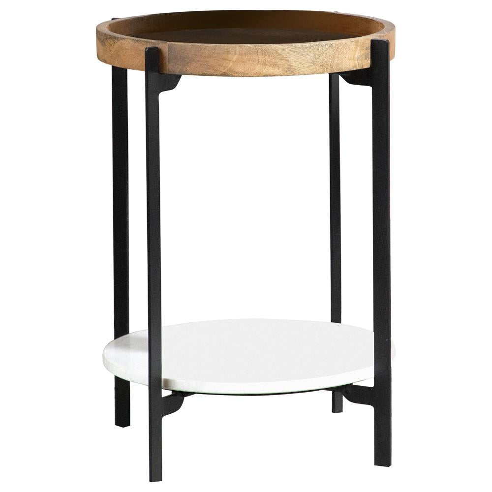 Adhvik Natural and Black Round Accent Table with Marble Shelf from Coaster - Luna Furniture