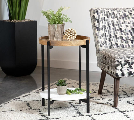 Adhvik Natural and Black Round Accent Table with Marble Shelf from Coaster - Luna Furniture