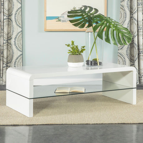 Airell White High Gloss Rectangular Coffee Table with Glass Shelf from Coaster - Luna Furniture