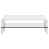 Airell White High Gloss Rectangular Coffee Table with Glass Shelf from Coaster - Luna Furniture
