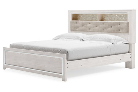 Altyra White King Upholstered LED Bookcase Panel Bed from Ashley - Luna Furniture
