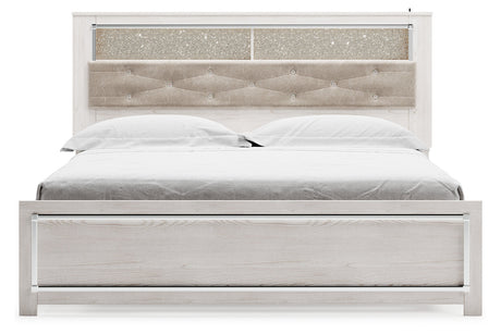 Altyra White King Upholstered LED Bookcase Panel Bed from Ashley - Luna Furniture