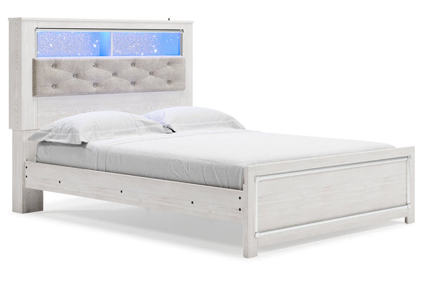 Altyra White Queen Upholstered LED Bookcase Panel Bed