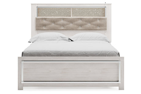 Altyra White Queen Upholstered LED Bookcase Panel Bed from Ashley - Luna Furniture