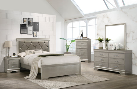 Amalia Champagne Silver Upholstered Panel Bedroom Set from Crown Mark - Luna Furniture