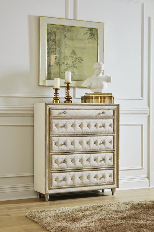 Antonella Ivory and Camel Upholstered 5-Drawer Chest