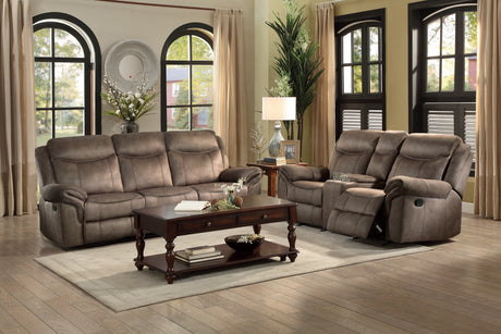 Aram Brown Fabric Double Glider Reclining Loveseat with Center Console, Receptacles and USB Ports from Homelegance - Luna Furniture