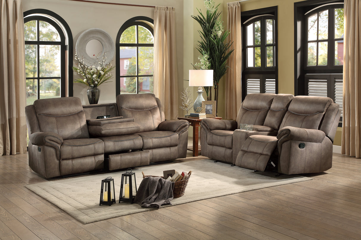 Aram Brown Fabric Double Glider Reclining Loveseat with Center Console, Receptacles and USB Ports from Homelegance - Luna Furniture