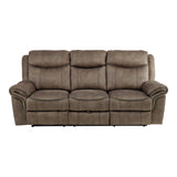 Aram Brown Fabric Double Reclining Sofa with Center Drop-Down Cup Holders, Receptacles, Hidden Drawer and USB Ports from Homelegance - Luna Furniture