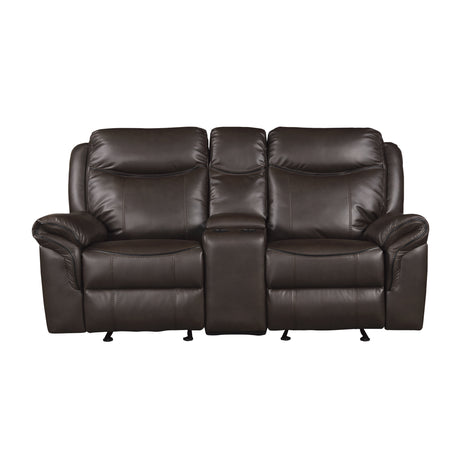 Aram Dark Brown Faux Leather Double Glider Reclining Loveseat with Center Console, Receptacles and USB Ports from Homelegance - Luna Furniture