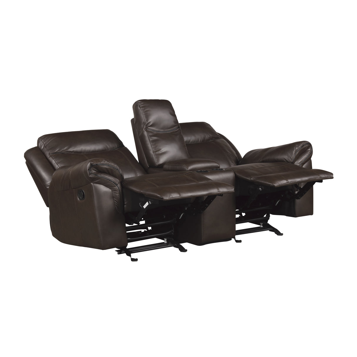 Aram Dark Brown Faux Leather Double Glider Reclining Loveseat with Center Console, Receptacles and USB Ports from Homelegance - Luna Furniture