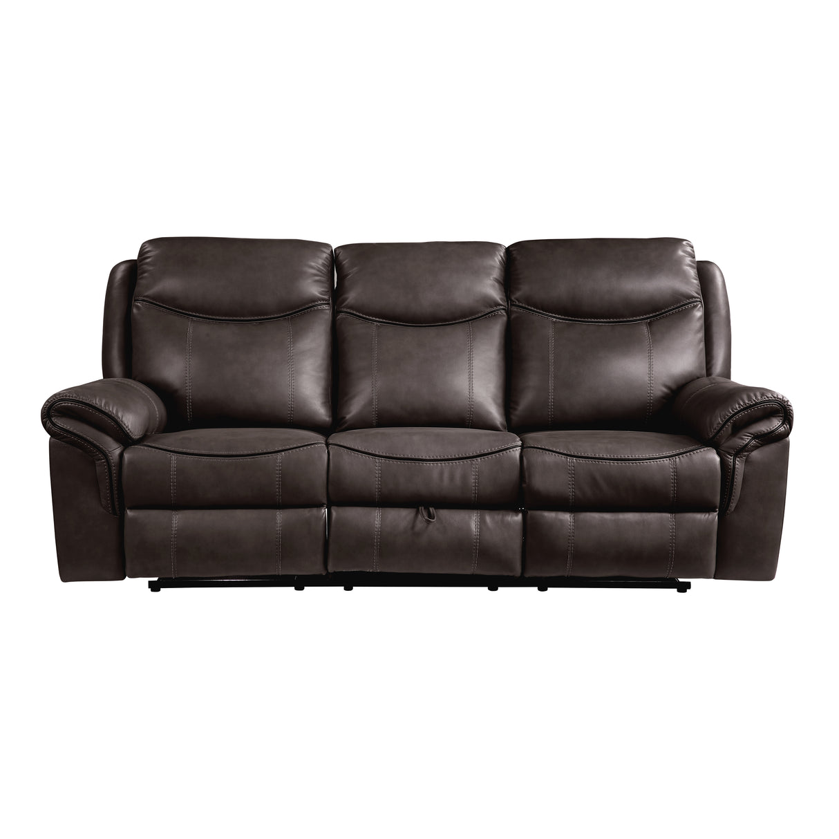 Aram Dark Brown Faux Leather Double Reclining Sofa with Center Drop-Down Cup Holders, Receptacles, Hidden Drawer and USB Ports from Homelegance - Luna Furniture