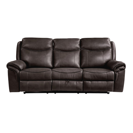 Aram Dark Brown Faux Leather Double Reclining Sofa with Center Drop-Down Cup Holders, Receptacles, Hidden Drawer and USB Ports from Homelegance - Luna Furniture