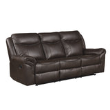 Aram Dark Brown Faux Leather Double Reclining Sofa with Center Drop-Down Cup Holders, Receptacles, Hidden Drawer and USB Ports from Homelegance - Luna Furniture