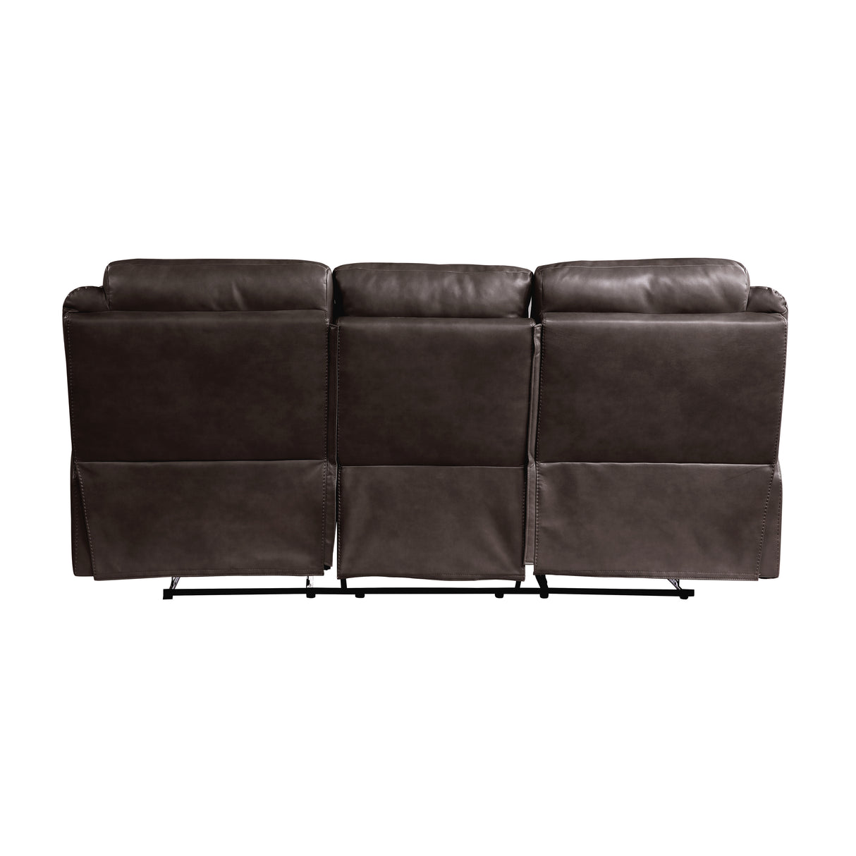 Aram Dark Brown Faux Leather Double Reclining Sofa with Center Drop-Down Cup Holders, Receptacles, Hidden Drawer and USB Ports from Homelegance - Luna Furniture
