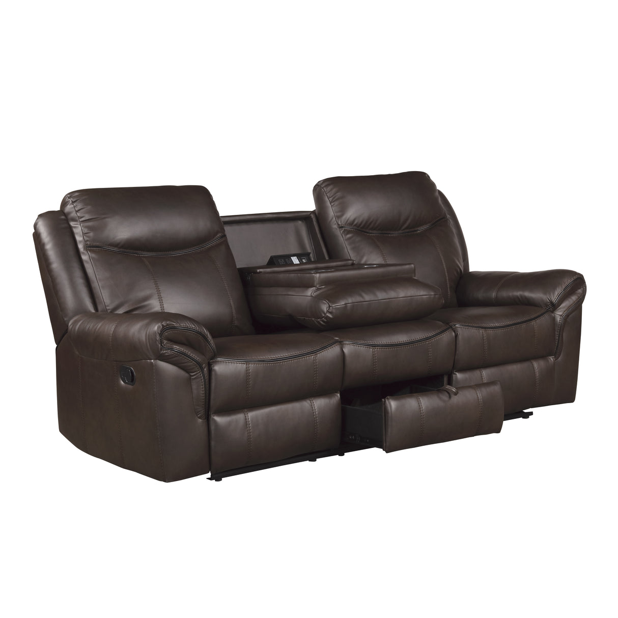 Aram Dark Brown Faux Leather Double Reclining Sofa with Center Drop-Down Cup Holders, Receptacles, Hidden Drawer and USB Ports from Homelegance - Luna Furniture