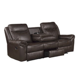 Aram Dark Brown Faux Leather Double Reclining Sofa with Center Drop-Down Cup Holders, Receptacles, Hidden Drawer and USB Ports from Homelegance - Luna Furniture