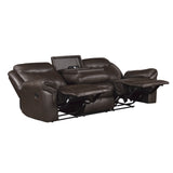 Aram Dark Brown Faux Leather Double Reclining Sofa with Center Drop-Down Cup Holders, Receptacles, Hidden Drawer and USB Ports from Homelegance - Luna Furniture