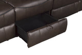 Aram Dark Brown Faux Leather Double Reclining Sofa with Center Drop-Down Cup Holders, Receptacles, Hidden Drawer and USB Ports from Homelegance - Luna Furniture