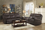 Aram Dark Brown Faux Leather Double Reclining Sofa with Center Drop-Down Cup Holders, Receptacles, Hidden Drawer and USB Ports from Homelegance - Luna Furniture