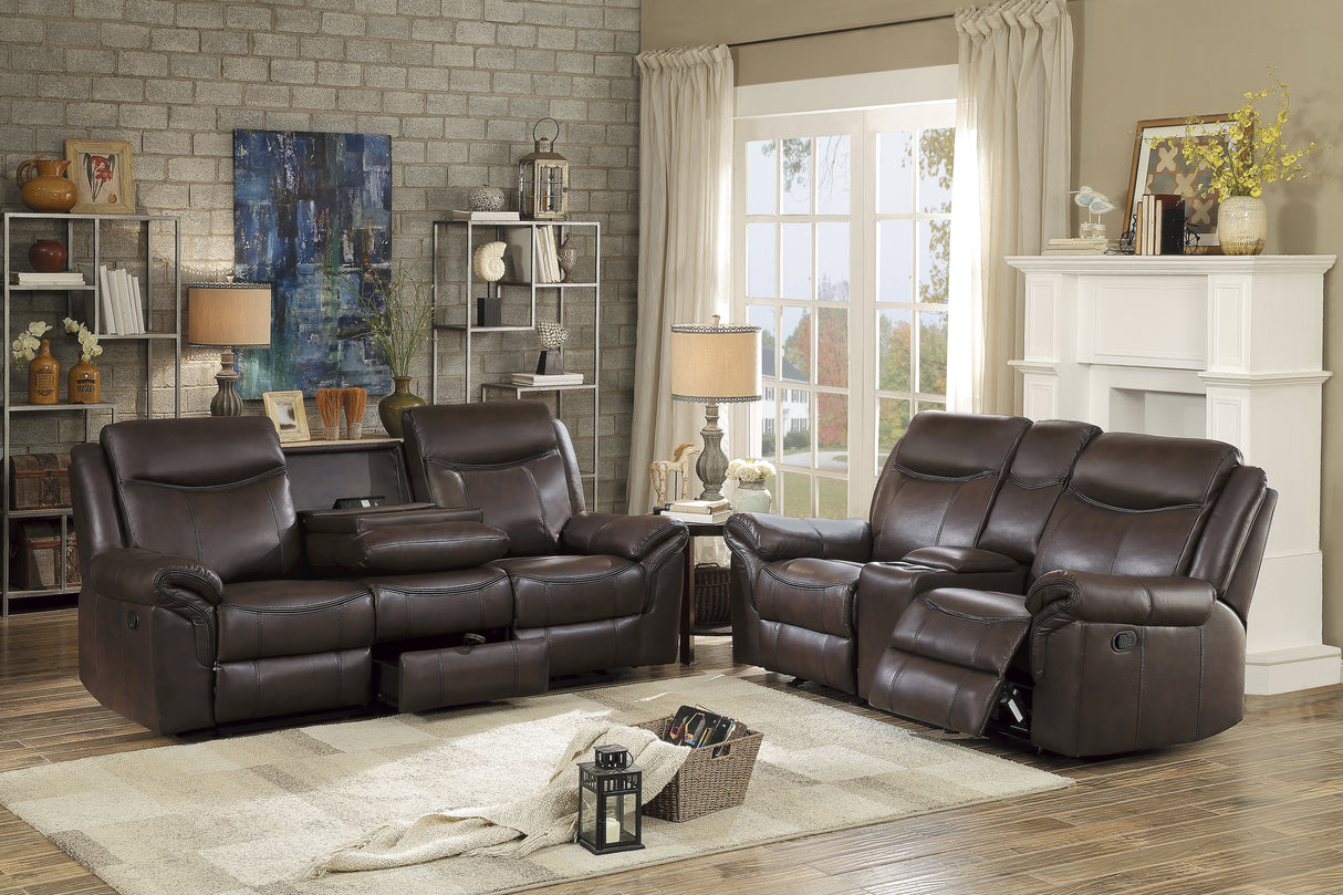 Aram Dark Brown Faux Leather Double Reclining Sofa with Center Drop-Down Cup Holders, Receptacles, Hidden Drawer and USB Ports from Homelegance - Luna Furniture