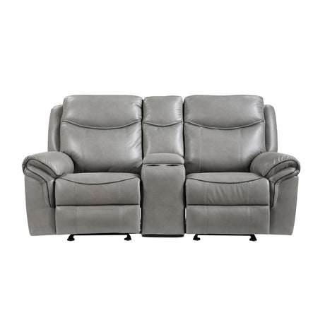 Aram Gray Faux Leather Double Glider Reclining Loveseat with Center Console, Receptacles and USB Ports from Homelegance - Luna Furniture