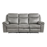 Aram Gray Faux Leather Double Reclining Sofa with Center Drop-Down Cup Holders, Receptacles, Hidden Drawer and USB Ports from Homelegance - Luna Furniture