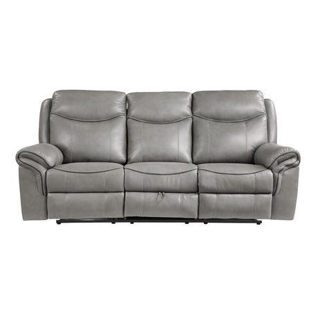 Aram Gray Faux Leather Double Reclining Sofa with Center Drop-Down Cup Holders, Receptacles, Hidden Drawer and USB Ports from Homelegance - Luna Furniture