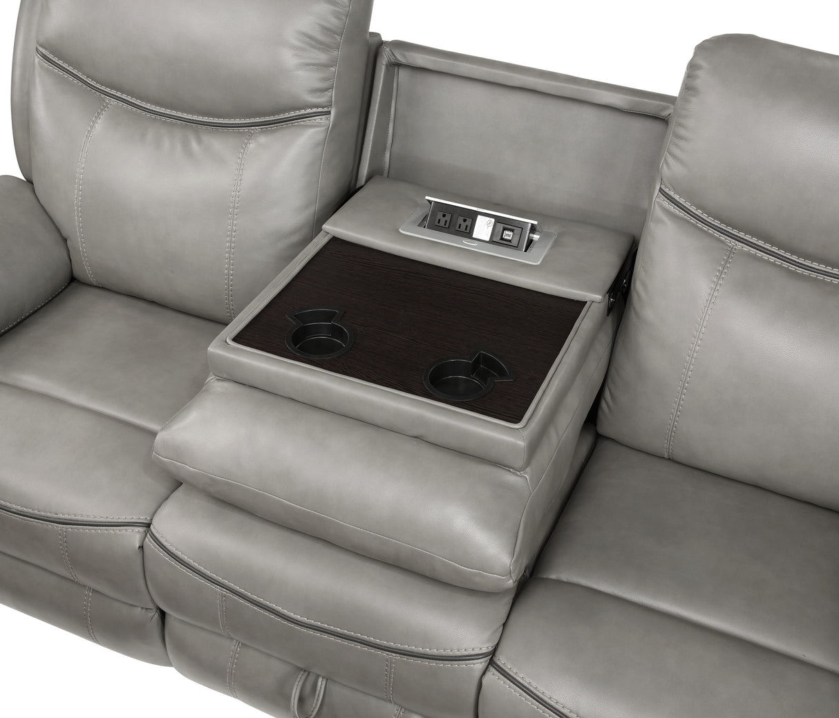 Aram Gray Faux Leather Double Reclining Sofa with Center Drop-Down Cup Holders, Receptacles, Hidden Drawer and USB Ports from Homelegance - Luna Furniture