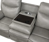 Aram Gray Faux Leather Double Reclining Sofa with Center Drop-Down Cup Holders, Receptacles, Hidden Drawer and USB Ports from Homelegance - Luna Furniture