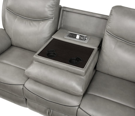 Aram Gray Faux Leather Double Reclining Sofa with Center Drop-Down Cup Holders, Receptacles, Hidden Drawer and USB Ports from Homelegance - Luna Furniture