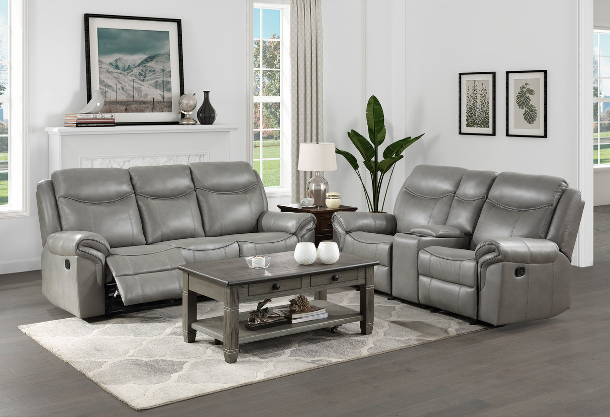 Aram Gray Faux Leather Double Reclining Sofa with Center Drop-Down Cup Holders, Receptacles, Hidden Drawer and USB Ports from Homelegance - Luna Furniture
