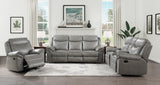 Aram Gray Faux Leather Double Reclining Sofa with Center Drop-Down Cup Holders, Receptacles, Hidden Drawer and USB Ports from Homelegance - Luna Furniture