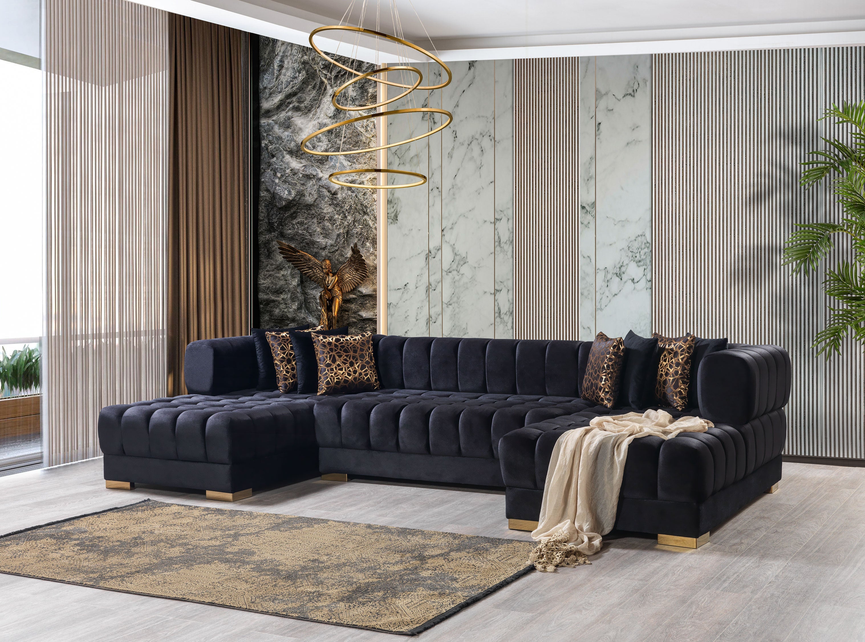 Nova Furniture Ariana Black Velvet Double Chaise Sectional - Luna