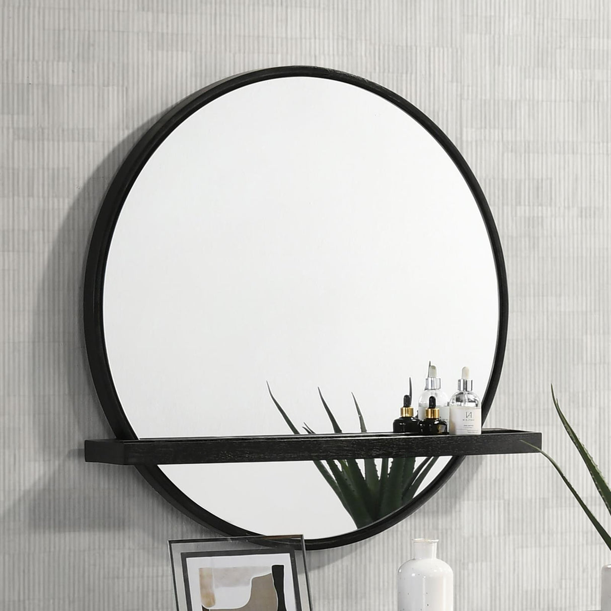 Arini Black Round Vanity Wall Mirror with Shelf from Coaster - Luna Furniture
