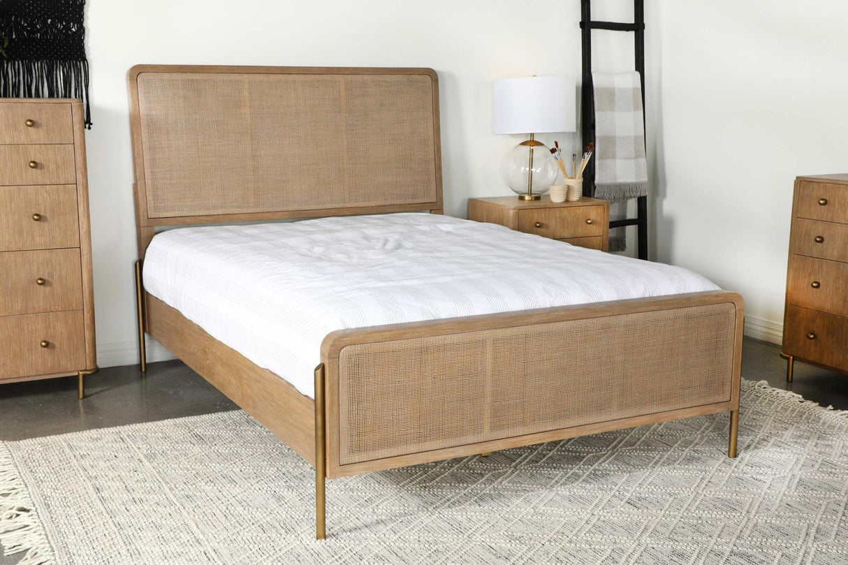 Arini Sand Wash and Natural Cane Upholstered Eastern King Panel Bed from Coaster - Luna Furniture