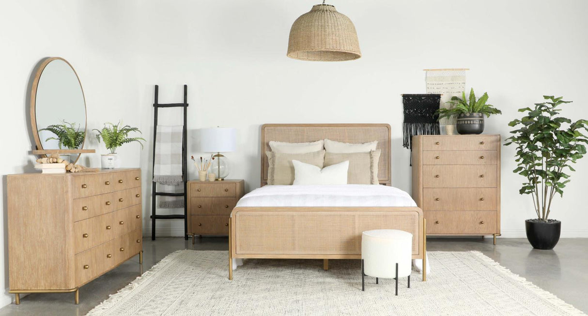 Arini Sand Wash and Natural Cane Upholstered Eastern King Panel Bed from Coaster - Luna Furniture