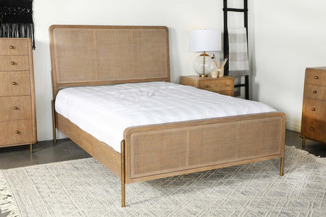 Arini Sand Wash and Natural Cane Upholstered Queen Panel Bed from Coaster - Luna Furniture