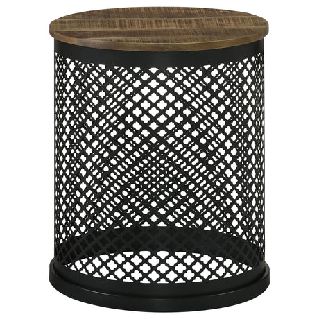 Aurora Natural and Black Round Accent Table with Drum Base from Coaster - Luna Furniture
