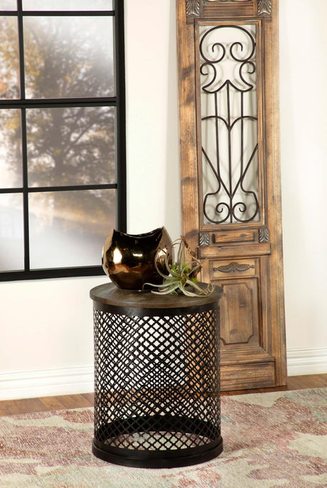 Aurora Natural and Black Round Accent Table with Drum Base from Coaster - Luna Furniture