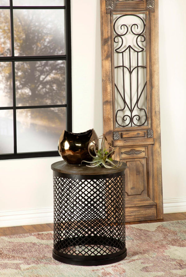 Aurora Natural and Black Round Accent Table with Drum Base