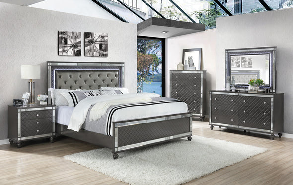 Refino Gray Queen LED Upholstered Panel Bed
