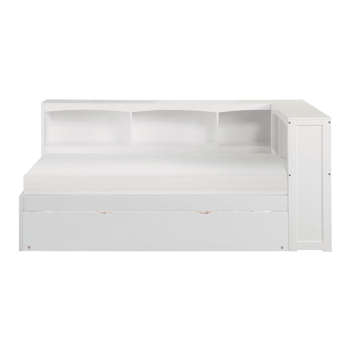 Galen White Twin Bookcase Corner Bed with Twin Trundle