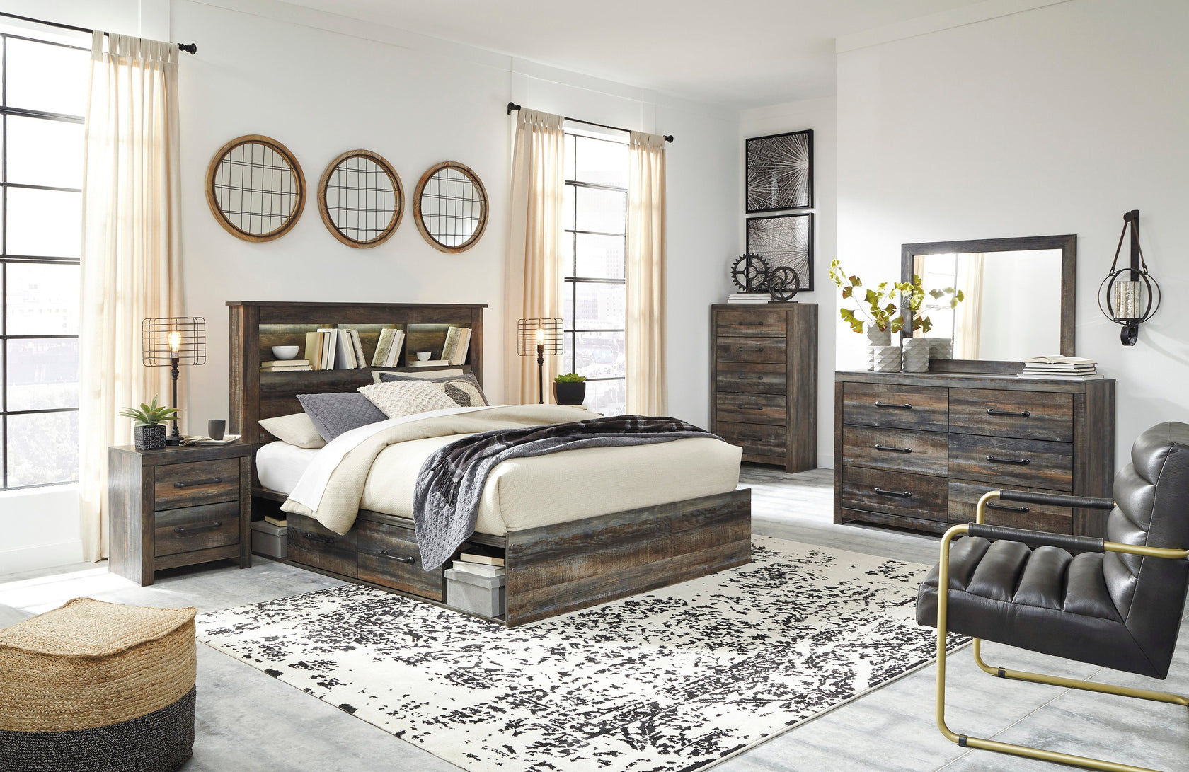 Drystan Multi LED Bookcase Storage Platform Bedroom Set with 4 Drawers from Ashley - Luna Furniture