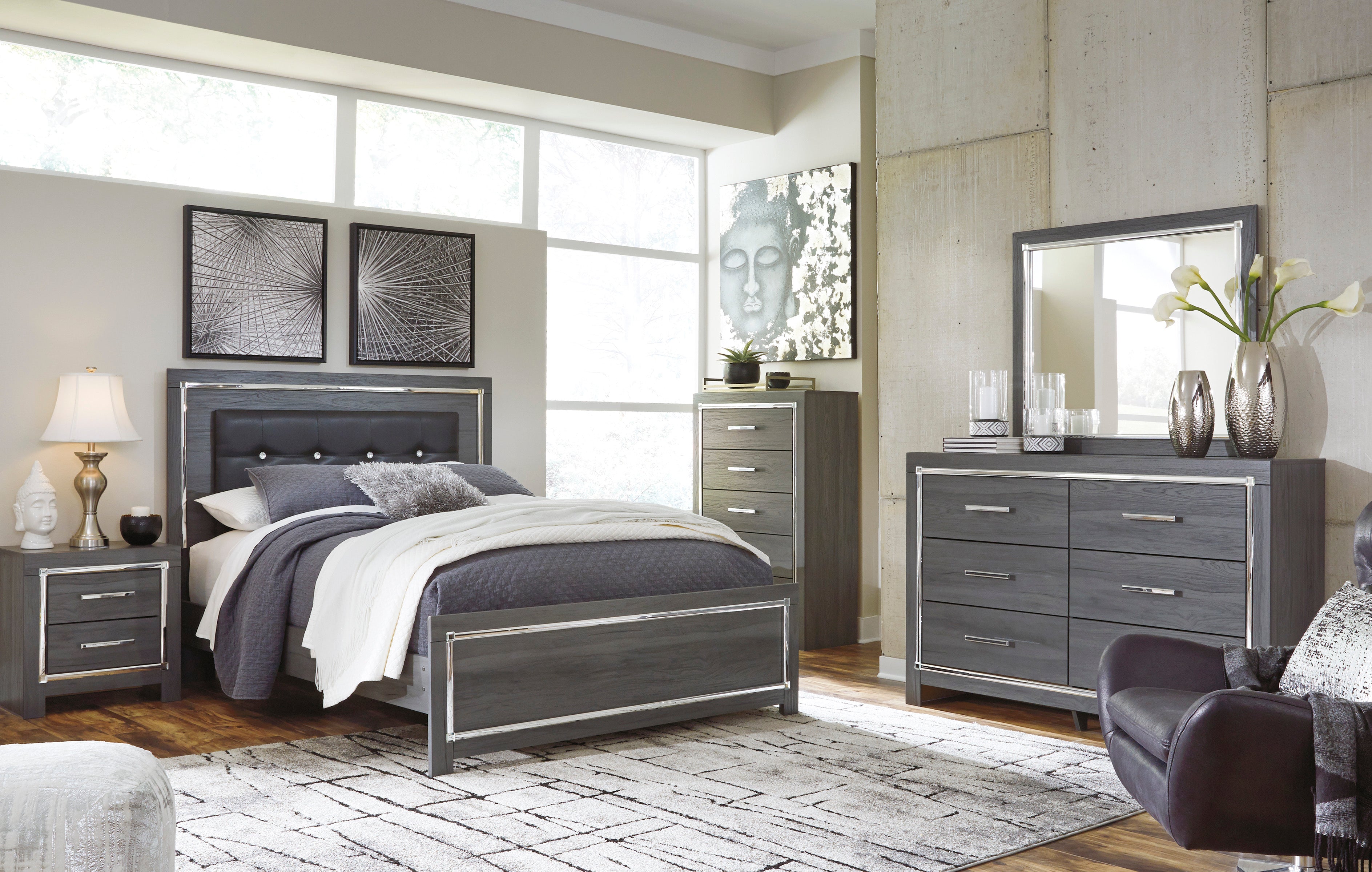 Transitonal Style Gray Solid Wood 4pc Bedroom Set Queen Size Bed Dresser Mirror Nightstand Master Bedroom Furniture