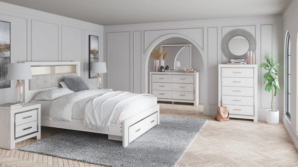 Altyra White LED Bookcase Upholstered Footboard Storage Platform Bedroom Set - Luna Furniture