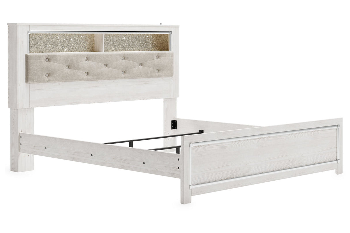 Altyra White King Upholstered LED Bookcase Panel Bed from Ashley - Luna Furniture